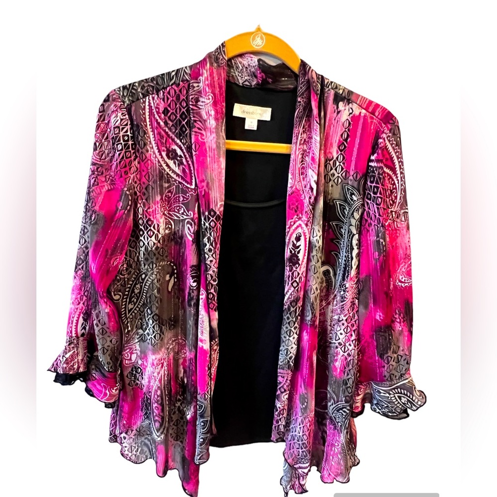 Fuchsia/Black/White/Silver Patterned Blouse with Black Tank by Dress Barn-Medium